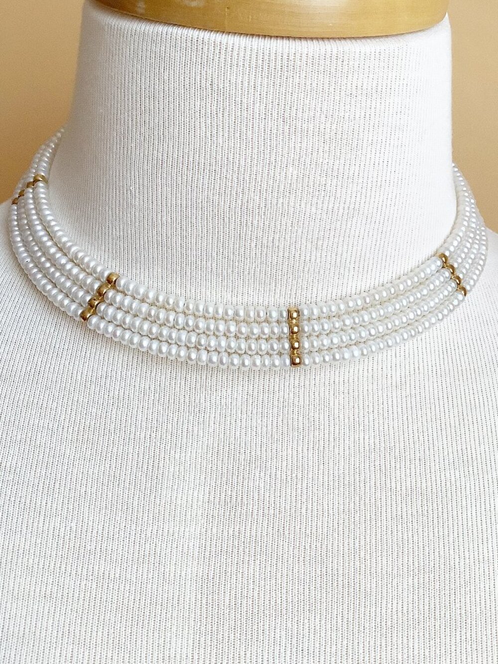Vintage Freshwater Pearl Multi Strand Layered Choker Necklace Gold
